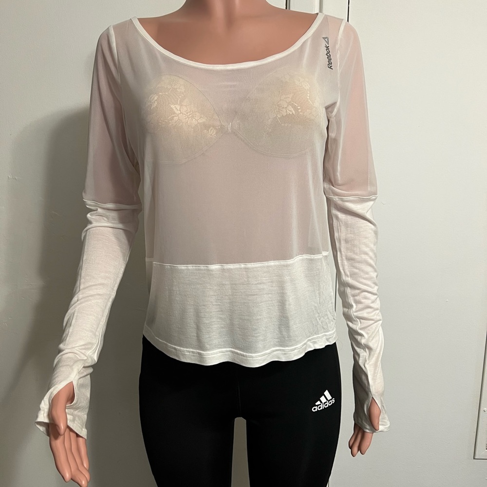 Reebok partial sheer and knit long sleeve thumbhole top